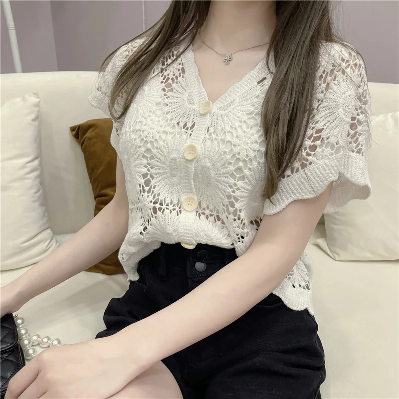 

Женская ажурная блузка, элегантная кружевная блузка с V-образным вырезом и коротким рукавом, вязаный крючком кардиган, топы, Новинка лета 2021