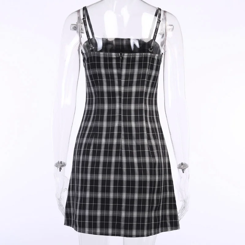 

Gothic Plaid Mini Dress Women Summer Harajuku Sleeveless Black Dress Casual Punk Bodycon Spaghetti Strap Dress