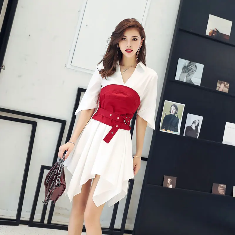 

Summer Design Women V Neck Irregular White Shirt Dress + Red Corset Belt Asymmetry Sexy Girdle Women 2 Piece Clothing Set