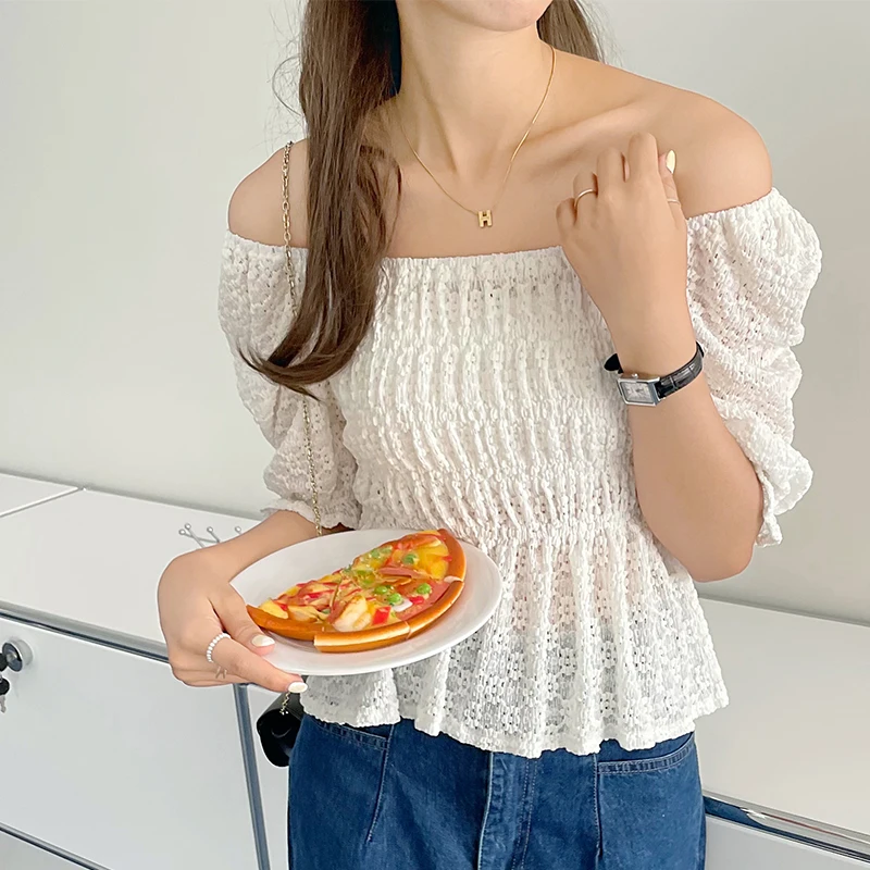 

COIGARSAM Brief blouse women New Summer Puff Sleeve blusas womens tops and blouses Apricot White 8482