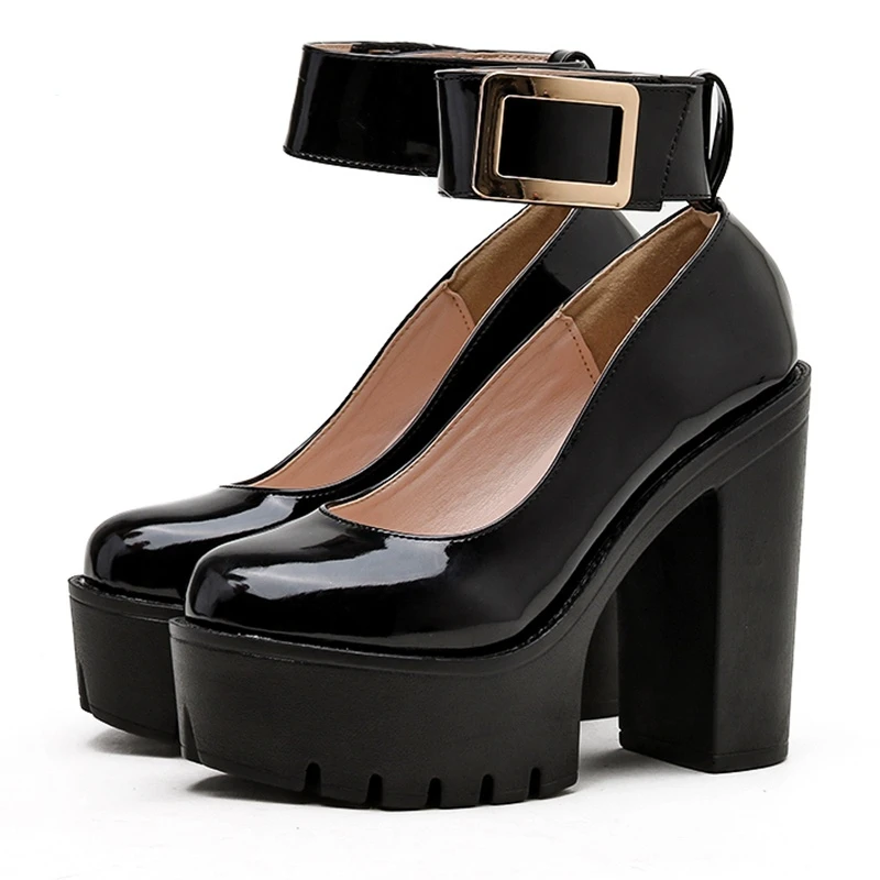 

New Fashion Metal Decoration Black Shoes For Women High Heels Catwalk Heels Patent Leather Ankle Strap Pumps Chunky Platform