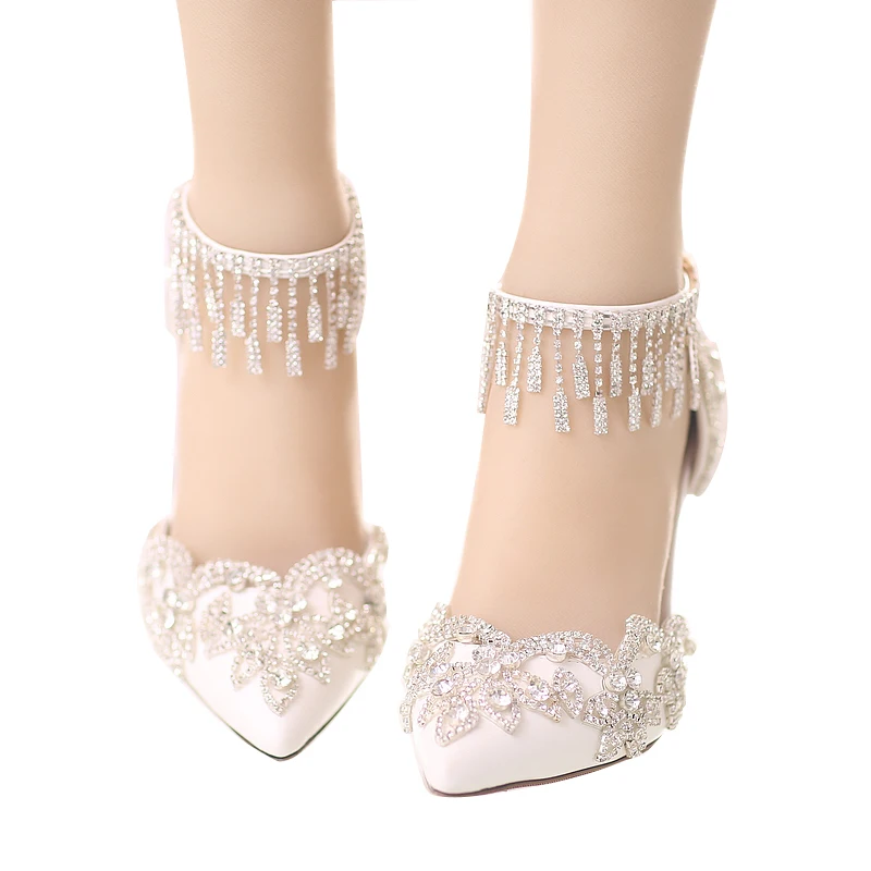 

9cm High Heels White Wedding Shoes Women Pumps Crystal Stiletto Buckle Strap Bridal Shoes Pointed Toe Party Ladies Shoes