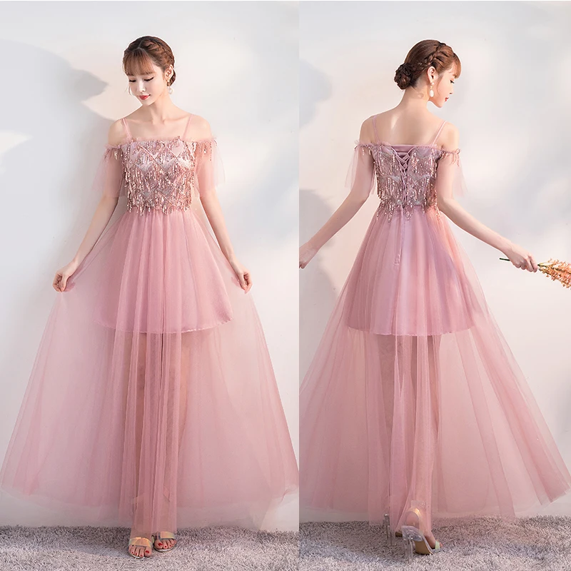 Розовое элегантное платье подружки невесты свадебное расшитое блестками тюль