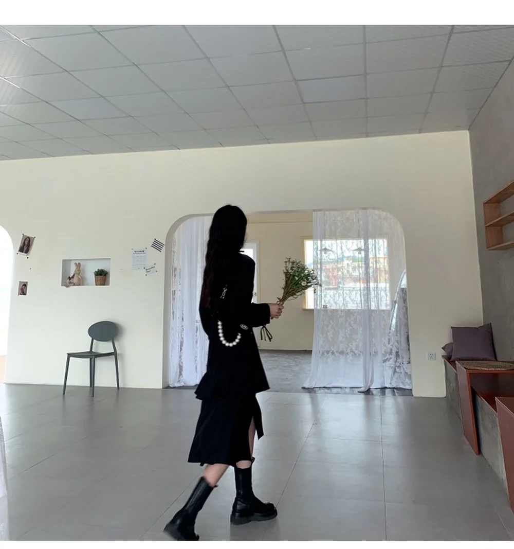 

Gothic Dress 2021 Autumn Elegant Vintage Black Streetwear Women Lace-up Ruffles A-line Long Sleeve Party Dress Korea Clothing