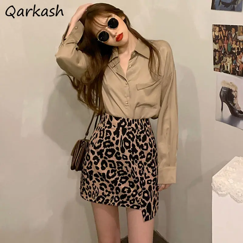 

Women Sets Loose Shirts Long Sleeve Mini Leopard Skirt Fashion Ladies Harajuku Simple Vintage Popular Daily Spring Femme 2 Pcs