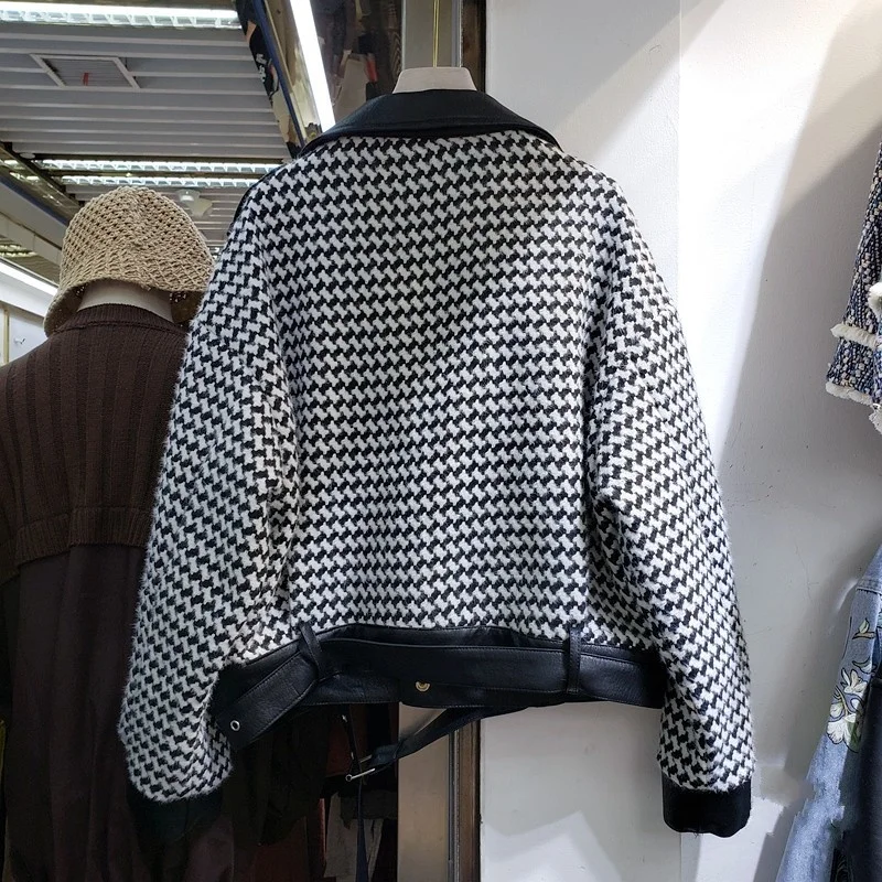 

Jacket Tweed Female Autumn Winter PU Leather Spliced Single-Breasted Lapel Women Houndstooth Loose Woolen Coat Casual Streetwear