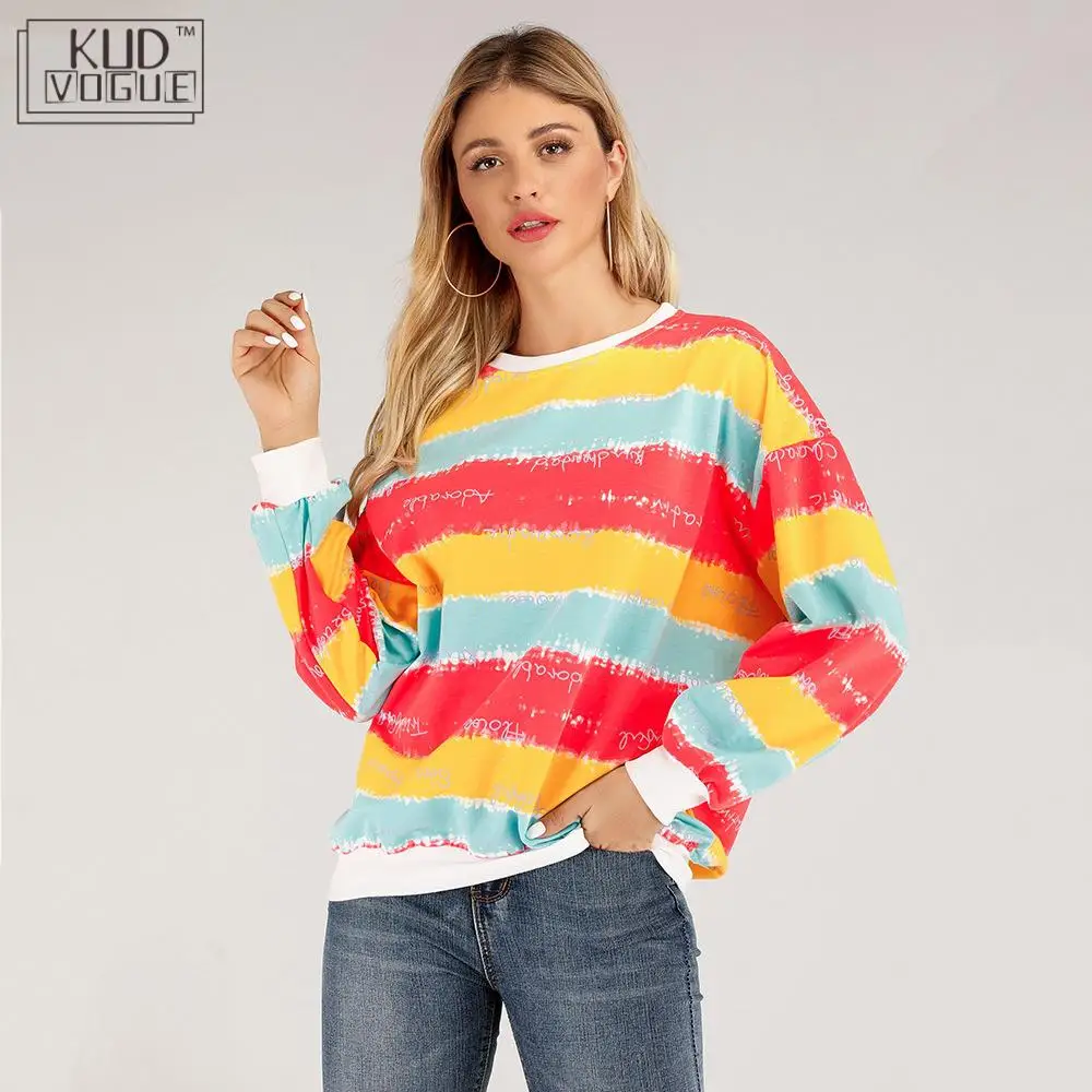 Толстовка для женщин Kpop Радужный пуловер с длинным рукавом Круглый вырез весна