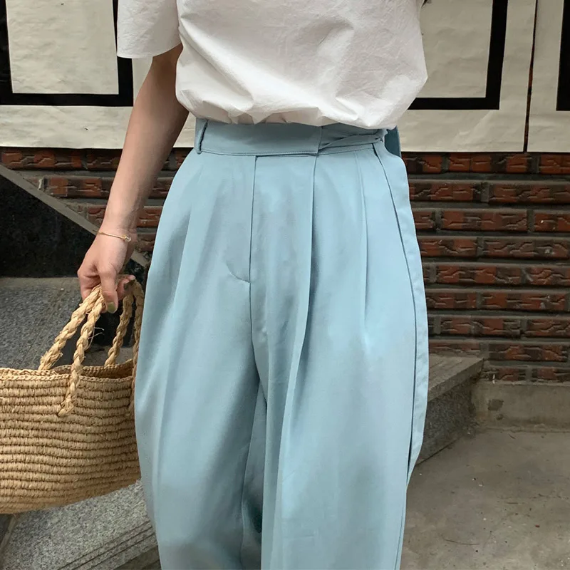 

High waist pleated solid women's wide leg pants loose all-match women long floor trousers 2021 summer female causal stright pant