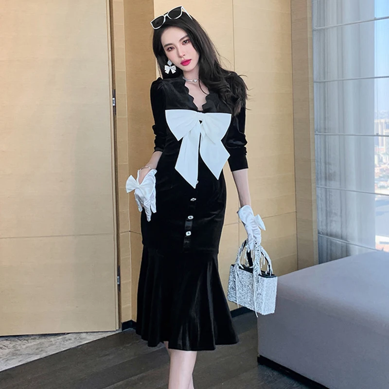 

Fashion Women Vintage V-neck Bow velvet Mermaid Midi Party Dress Temperament Elegant Casual Sexy Street Clothes Female Dress