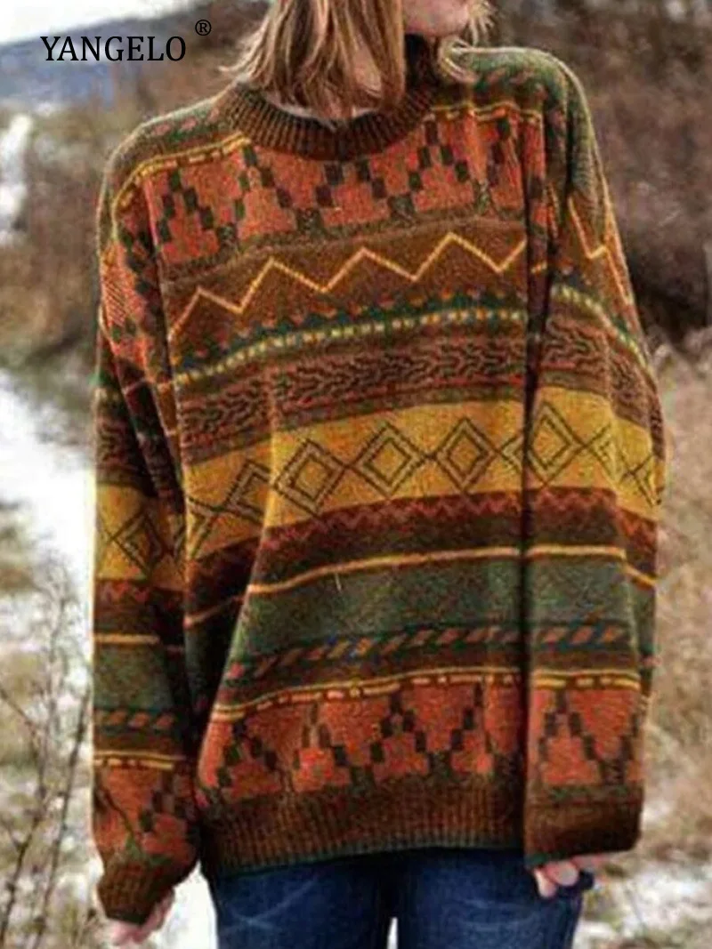 

Yellow Geometric Jacquard Vintage Knit Sweater Women O-Neck Pullover Plus Size Korean Tops Harajuku Female Fall Winter Sweaters