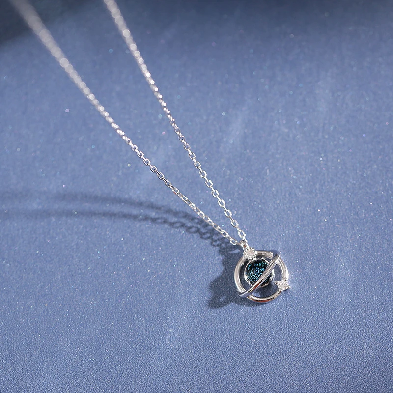 

925 Sterling Silver Pin Ring Universe Simple Temperament Blue Planet Pendant Girl's Clavicle Chain