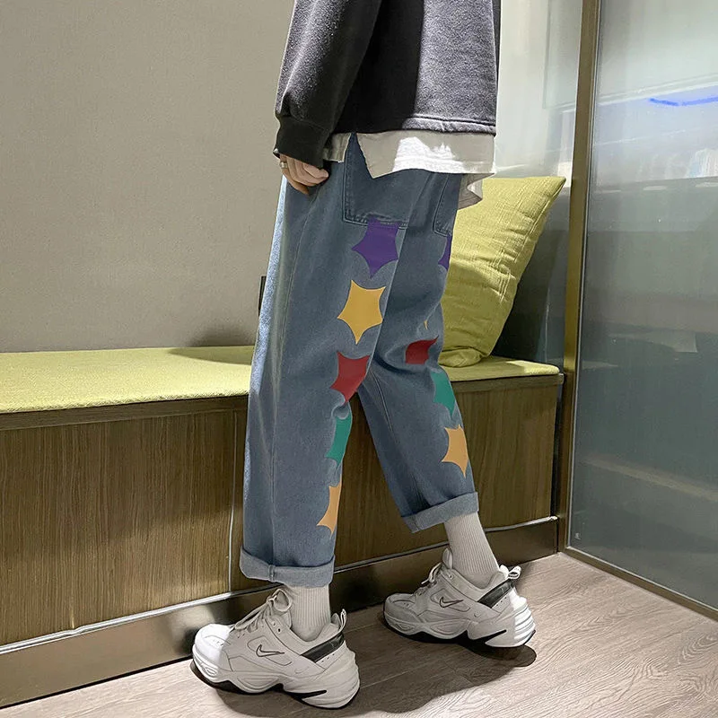 

Street Hip Hop Print Jeans Men Fashion Brand Straight Tube Loose Drop Feeling High Street Graffiti Versatile Wide Leg Pants 2021