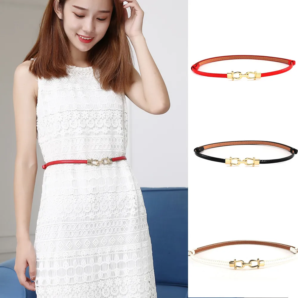 

Thin PU Leather Women Girl Belt Elastic Metal Gold Elastic Buckle Waist Belts Female Dress Shirt Decoration Adjustable Buckle