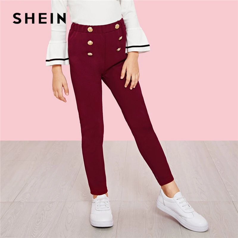 SHEIN kids/однотонные штаны для девочек с эластичной резинкой на талии; детская одежда; коллекция года; сезон весна; зауженные брюки с двумя пуговицами; повседневные Леггинсы
