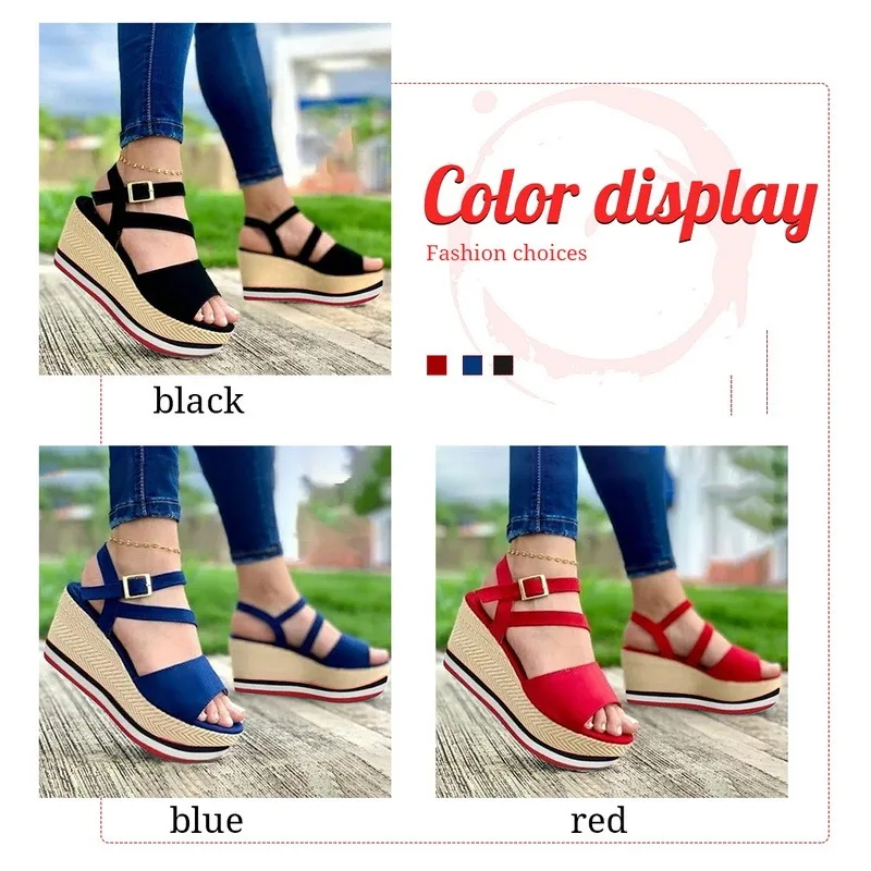 

2021 Summer Women's Sandals Vintage Wedge Shoes Woman Buckle Strap Straw Thick Bottom Flats Platform Sandals Flock Female Shoes