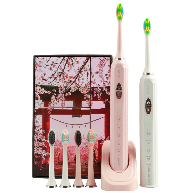 

2021 New Sonic Electric Toothbrush Spiral DuPont Soft Hair 1 Set 3 Brush Heads Couple Toothbrush Magnetic Charging Base