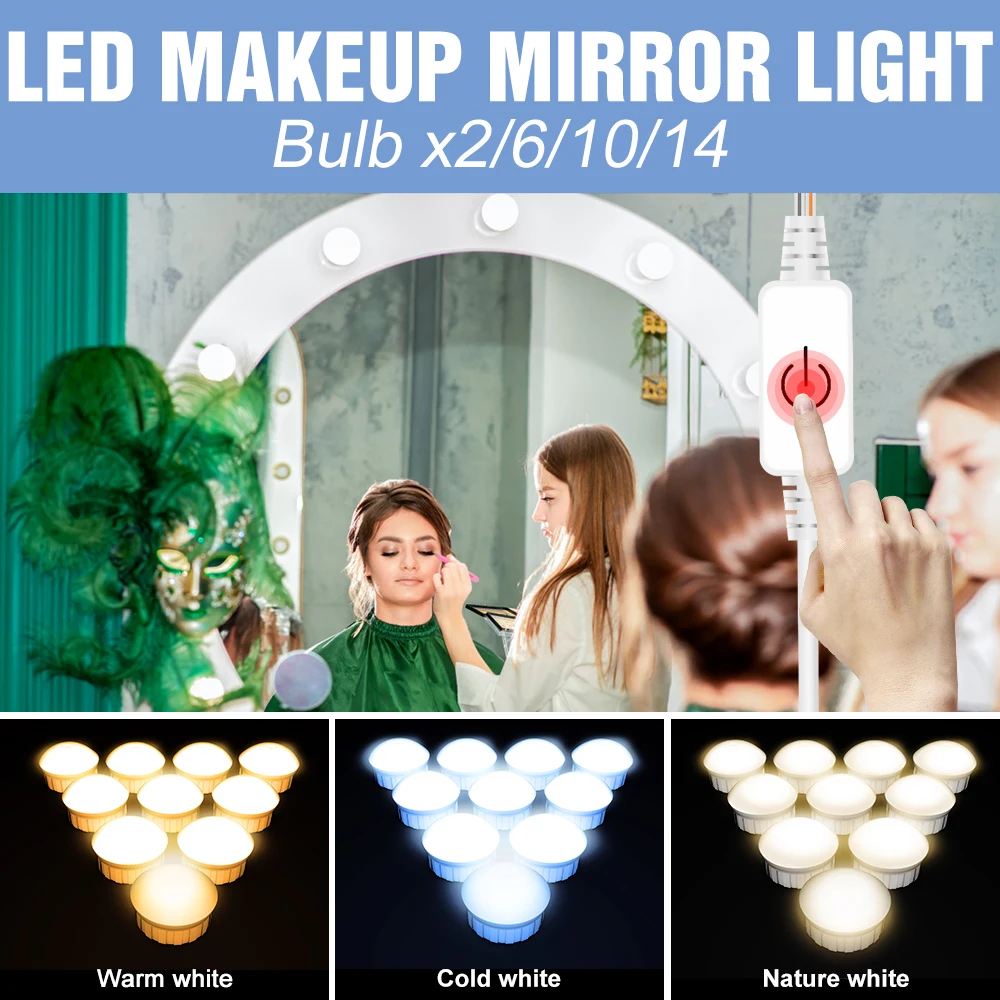 

LED Mirror Front Lamp Vanity Light Full Backlit Mirrors Dressing Table Wall Bulb USB Touch Dimmable Led Night Lighting For Room