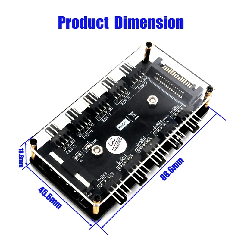 

10-Way Fan Distributor Hub 4-Pin or SATA 15-Pin Connector Power Supply Fan Hub with PMMA Housing and Magnetic Bracket