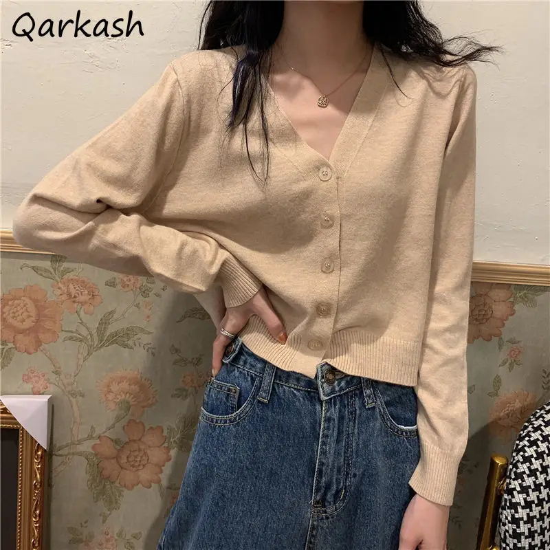 

Женский кардиган с V-образным вырезом, однотонный однобортный Кардиган в Корейском стиле
