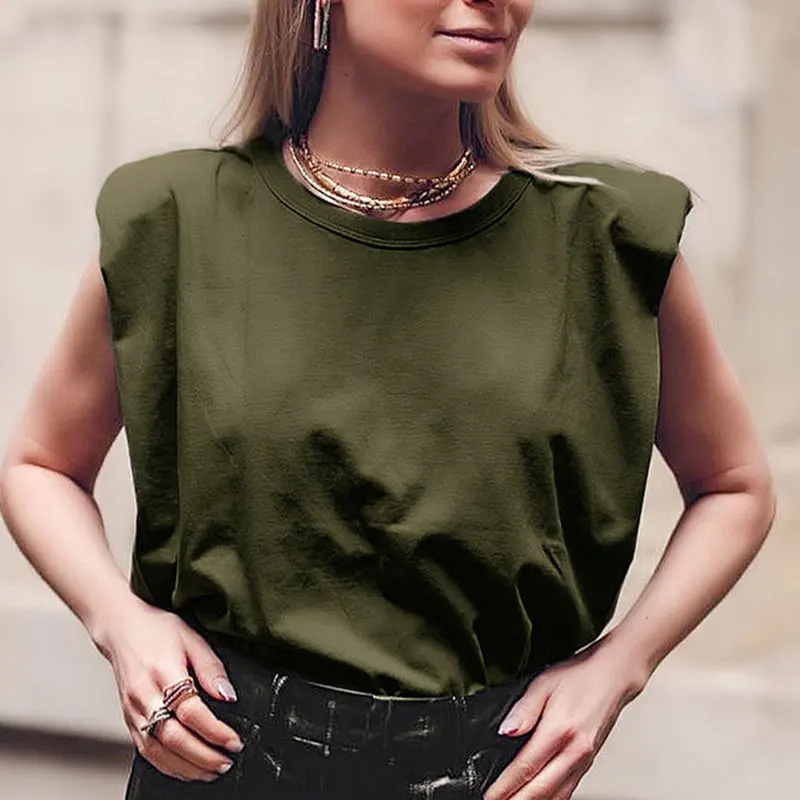 

Wholesale Women Shoulder Padded Blouse Elegant Sleeveless Loose Fit Office Lady Top Tee Vest ED889