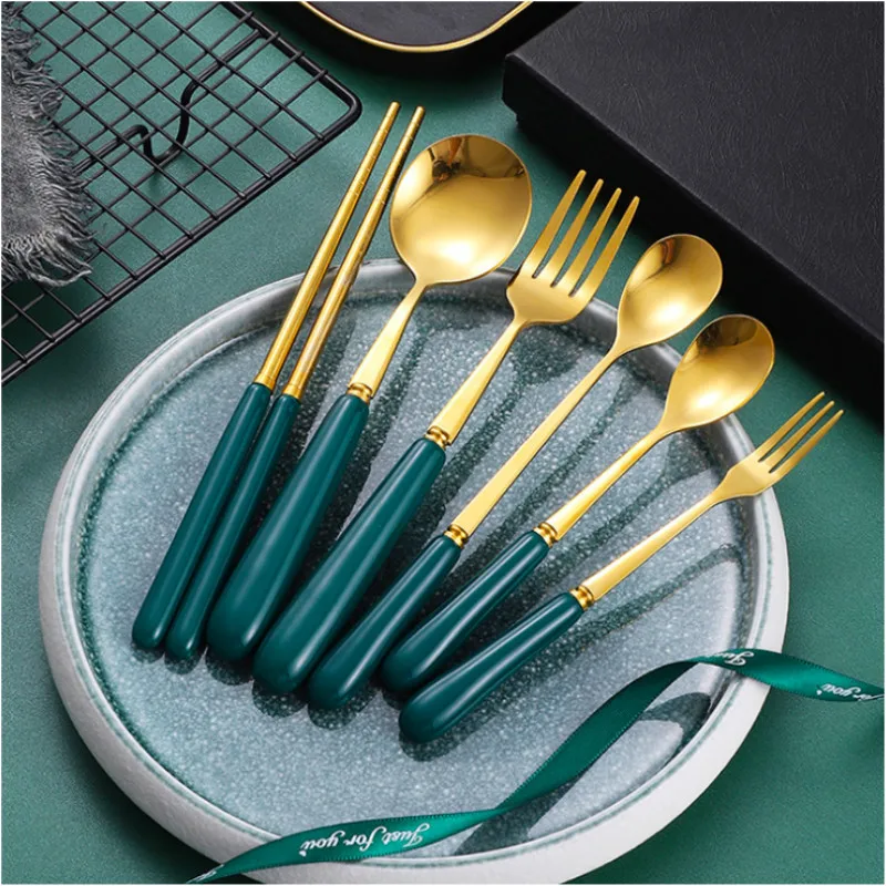 

Green Gold Cutlery Set Kitchen Mirror Tableware Set 304 Stainless Steel Dinnerware Set with ceramic Knife Fork Spoon Dinner Set