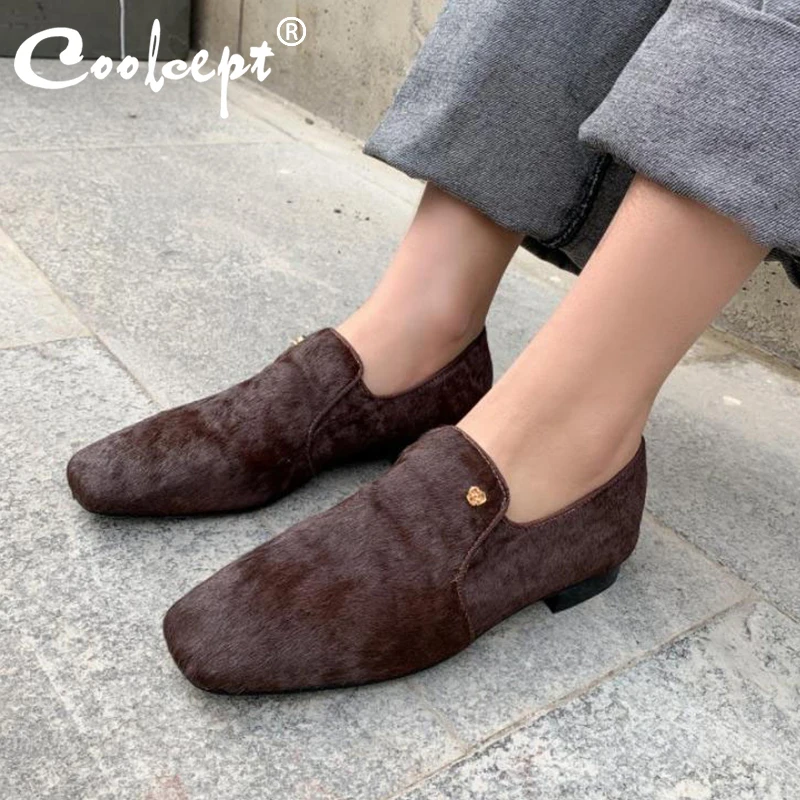 

Женские весенние туфли Coolcept на плоской подошве, высококачественные туфли из натурального меха, женские модные туфли с квадратным носком и м...