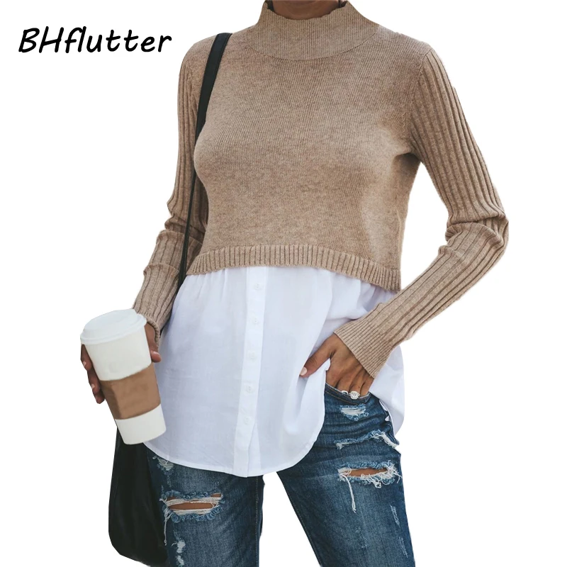 

BHflutter Fashion Spliced Sweater Women Long Sleeve Casual Turteneck Sweaters Knitted Tops Ladies Autumn Winter Pullovers Jumper