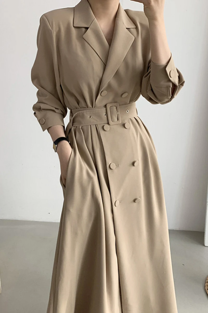 

Korean style retro British style suit collar double breasted loose pockets over the knee long windbreaker jacket with belt