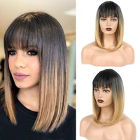ombre blonde synthetic wigs with neat bangs for black women heat resistant bangs wig blond silky straight