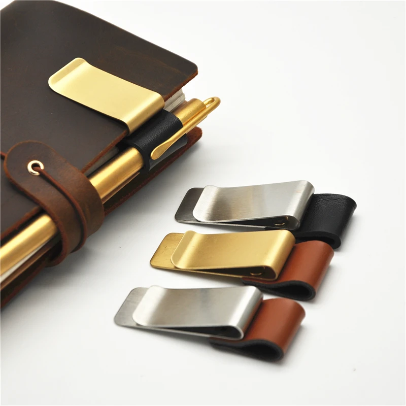 

1Pc Metal Leather Pen Holder Brass Stainless Steel Pencil Clip Vintage Dairy Notebook Pen Holder Spiral Loose Leaf Memo Clip
