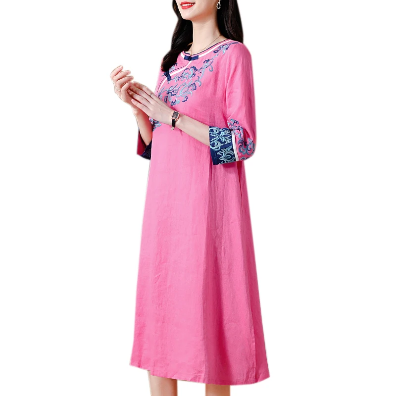 

COIGARSAM 4XL Plus Size National Wind Three Quarter Sleeve Women dress New Vintage Loose Embroidery Dresses Orange Pink Purple