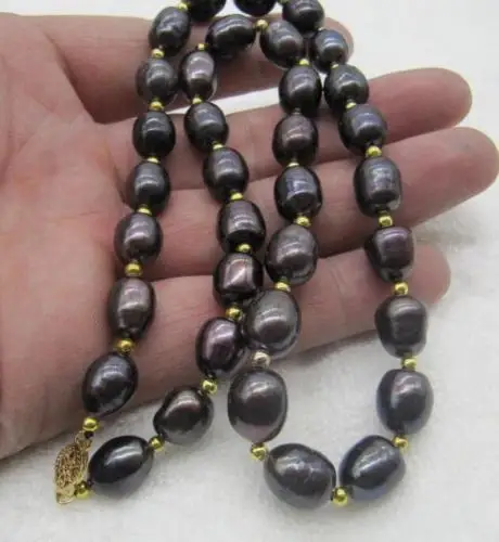 

charming 11-12mm tahitian black natural Baroque pearl necklace 18" yellow clas
