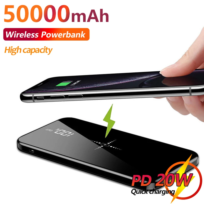 

50000mAh Wireless Charger Power Bank with Fast Travel Camping External Battery Charging Digital Display 2 USB Power Bank
