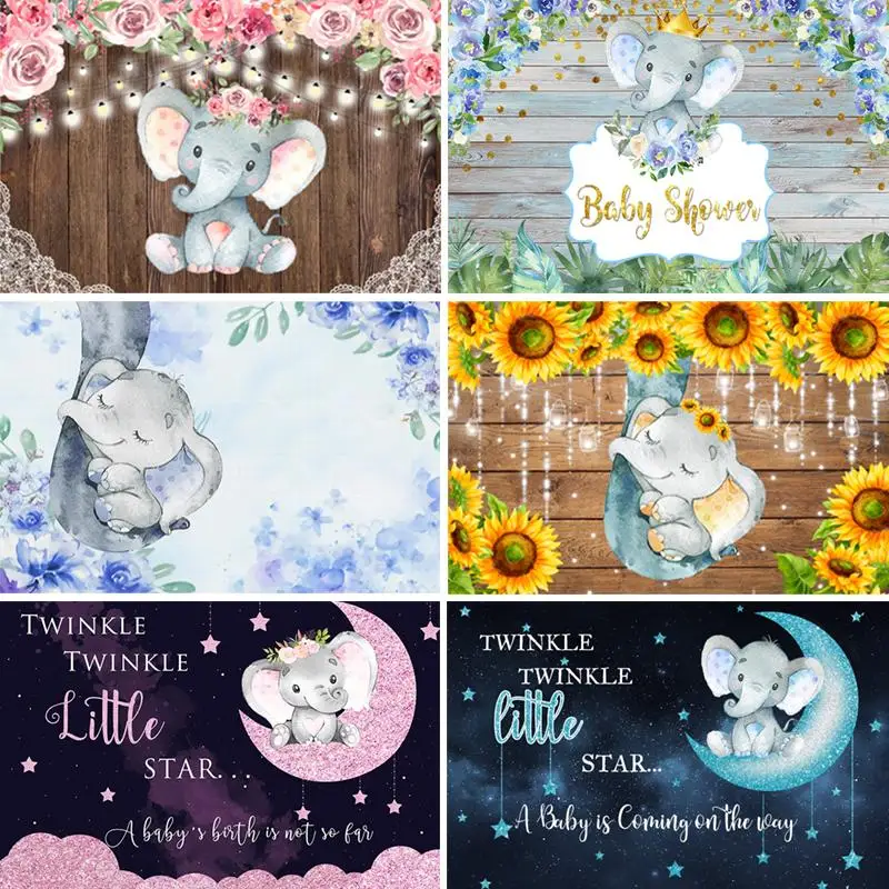 

Elephant Baby Shower Backdrops For Photography Flowers Wood Kids Newborn Backgrounds Custom Photocall Supplier