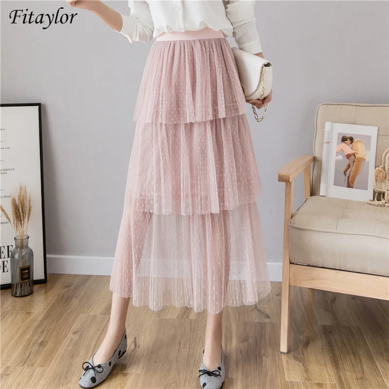 

Fitaylor New Spring Women Dot Medium Sweet Ruffles Mesh Skirt Casual Female High Waist Tulles Ins Cake Pleated Skirts