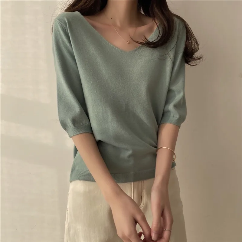 

2021 New Ins Early Spring All-Matching Graceful V-neck Cored Yarn Short-Sleeved Sweater Women's Ice Silk Thin Bottoming Top