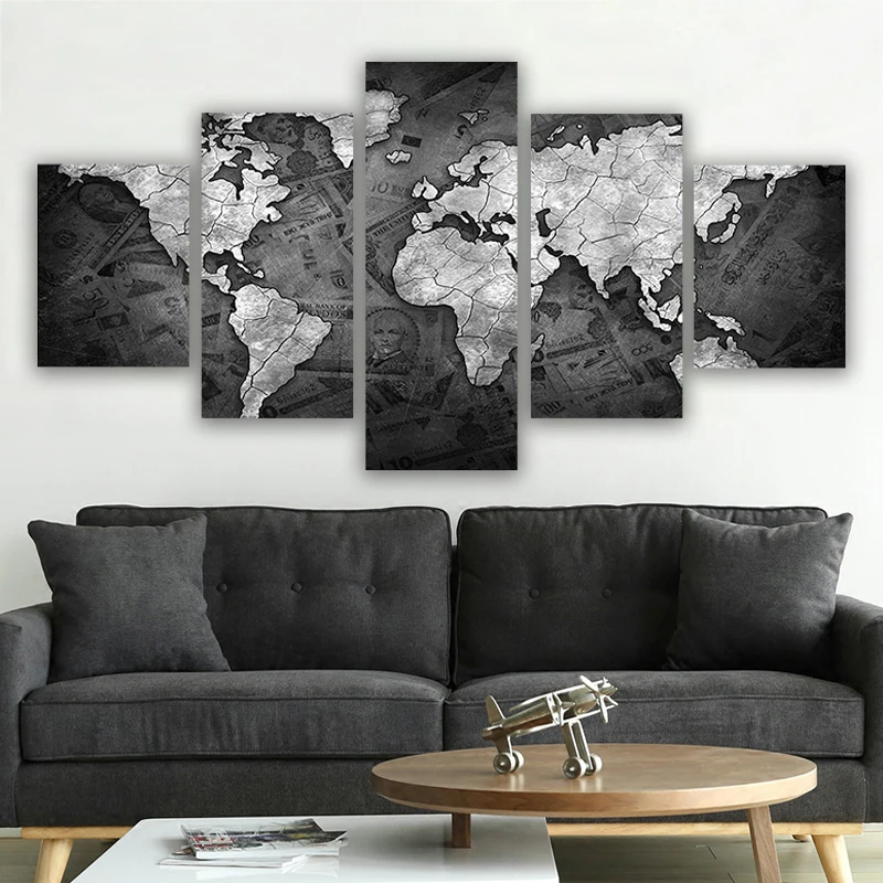 

No Framed Canvas 5 Pieces Abstract Black and White World Map Wall Art Posters Pictures Home Decor For Living Room Paintings