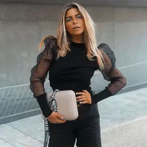 Женская сетчатая блузка с длинным рукавом и буффами, черный топ с высоким воротником, пуловер, сексуальные топы, женская одежда, женская блузка