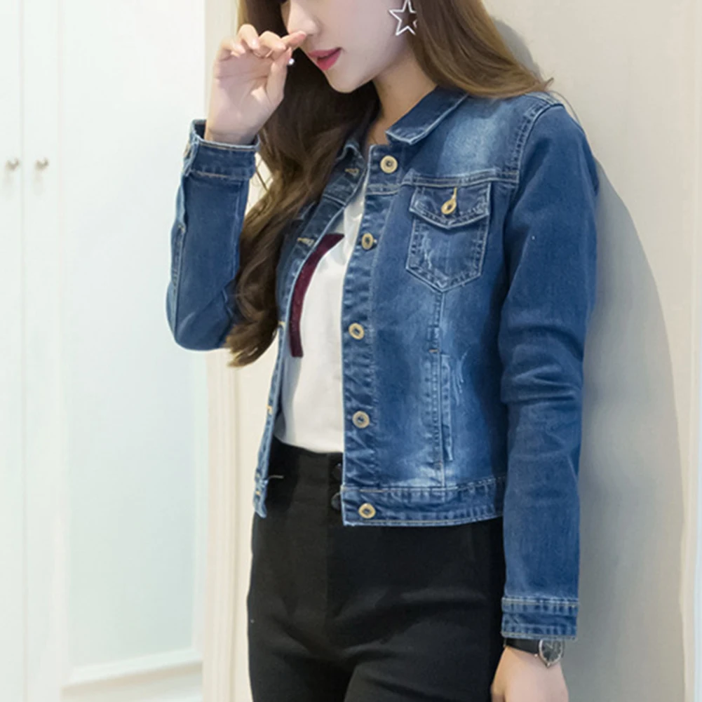 

Women Short Jeans Jacket Slim Turn Down Collar Long Sleeve Button Denim Outwear