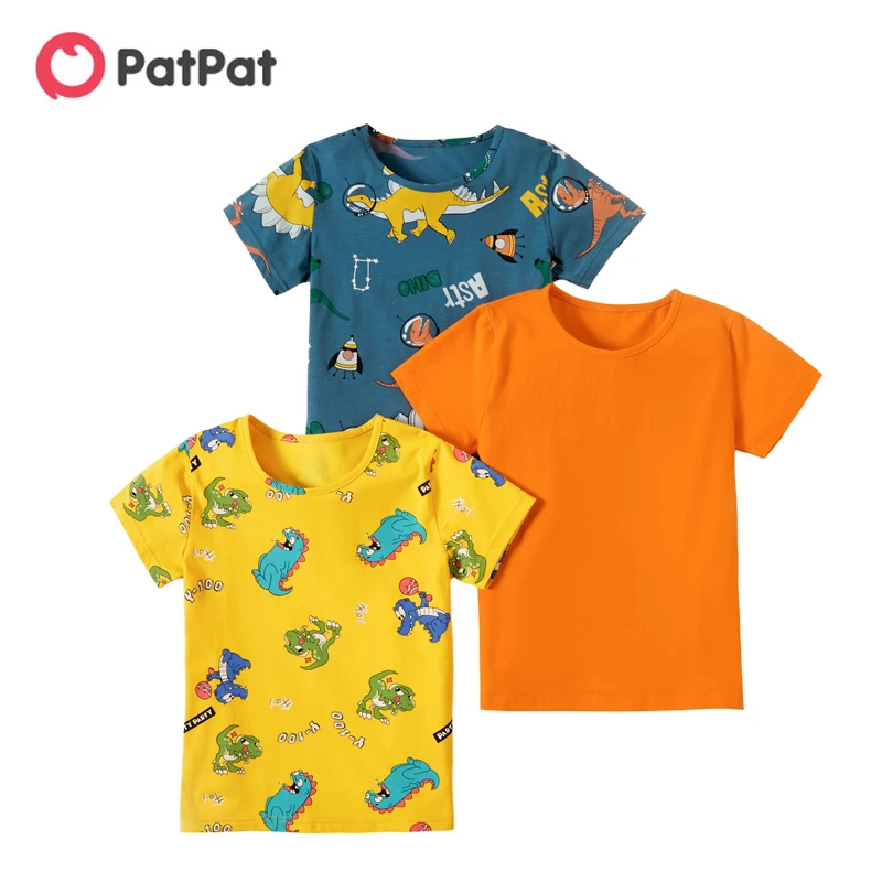 

PatPat 2021 New 3-piece Kids Boy Dinosaur Allover Print Solids Tees for 4-10Y Kids Boy Short-Sleeve Cotton T-Shirt Clothes
