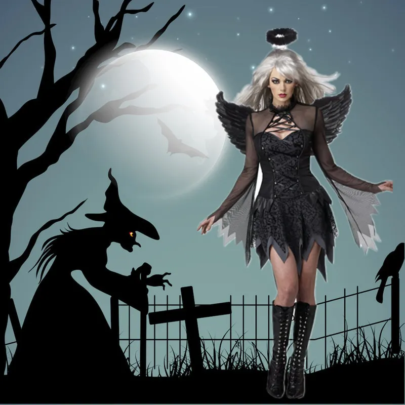 Ataullah Хэллоуин косплей платье Темный костюм-крылья Ангела карнавал вечерние призрак вампир женщина сетки сексуальное платье обруч для волос DW001