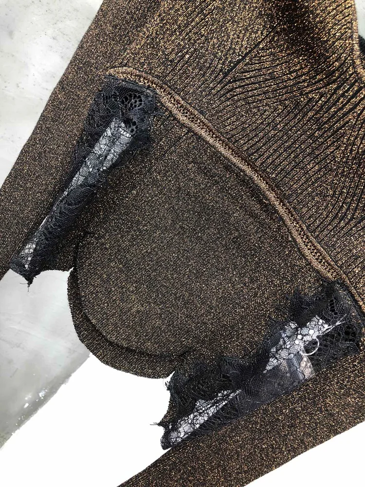 

Women's Stitching Lace Short Sweater Sexy Square Neck Fashion Long Sleeve Slim Female Knitwear Top