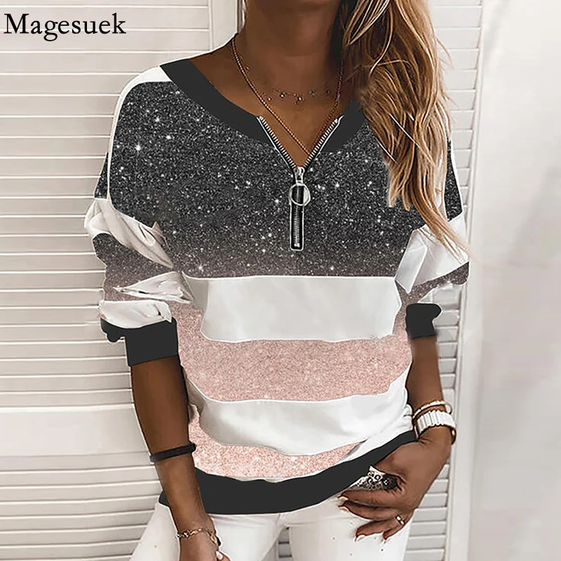 

Fashion Zipper 5XL Oversized Sweatshirt Autumn Casual Hoodies Women Long Sleeve Striped Printed Hooded Pullovers Tops New 17143