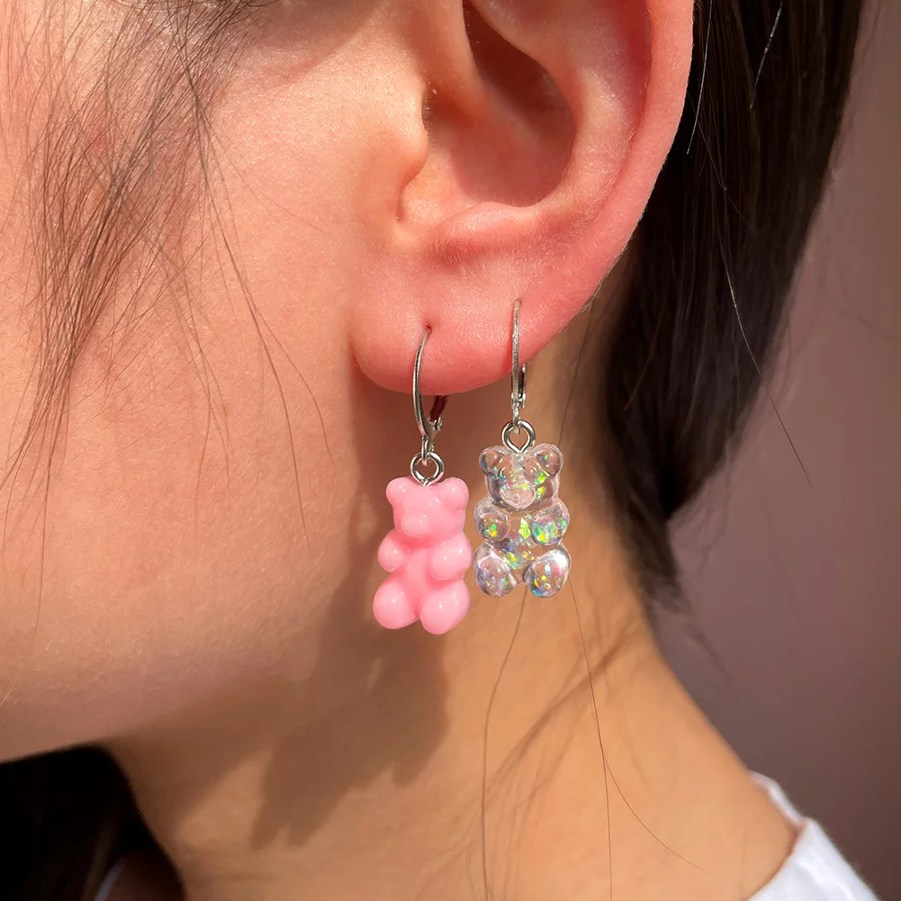 

New Trend Cute Resin Bear Charm Earrings For Women Sweet Girls Summer Silver Color Hoop Earring Gummy Bear Pendant Ear Jewelry
