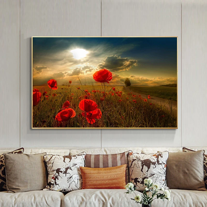 Красные маки картины на холсте Закат Холст Плакаты и принты цветы Куадрос