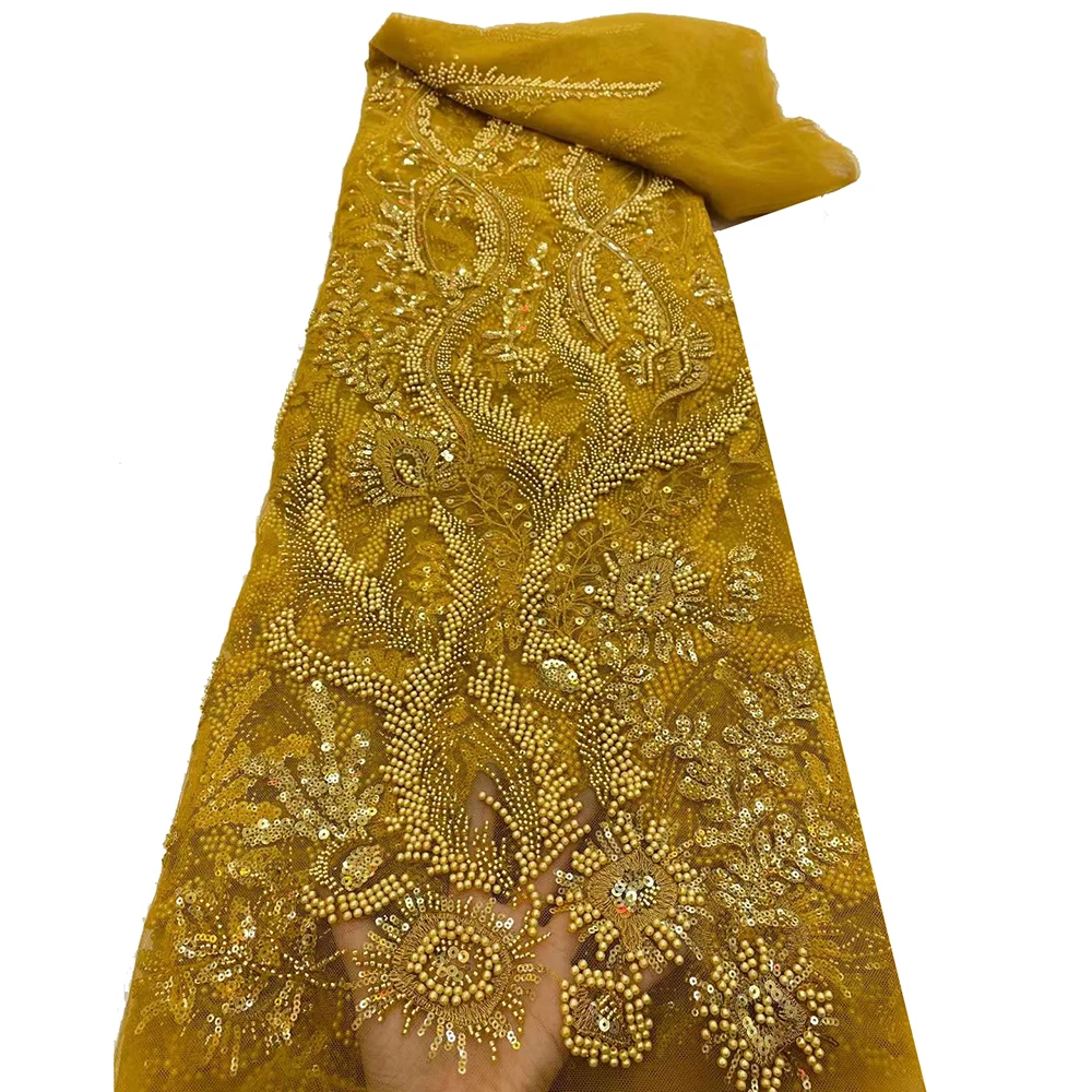 

Sinya 2022 New Arrival Luxury Sequence African Lace Fabric High Quality Gorgeous Heavy Handmade Sequins Beaded Lace With Pearls