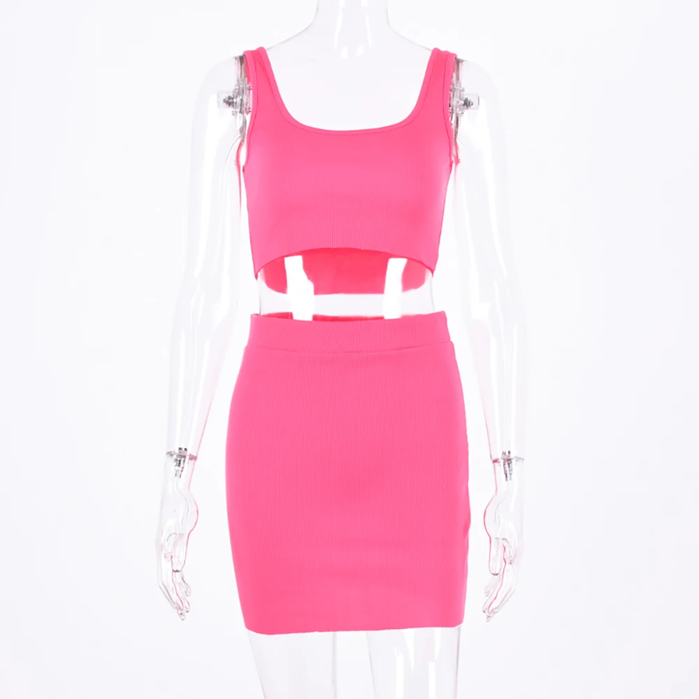 

Sleeveless Square Collar Women 2 Piece Set Tank Crop Top and Skirt Bodycon Mini Dress Sexy Streetwear Skirts Suits Summer