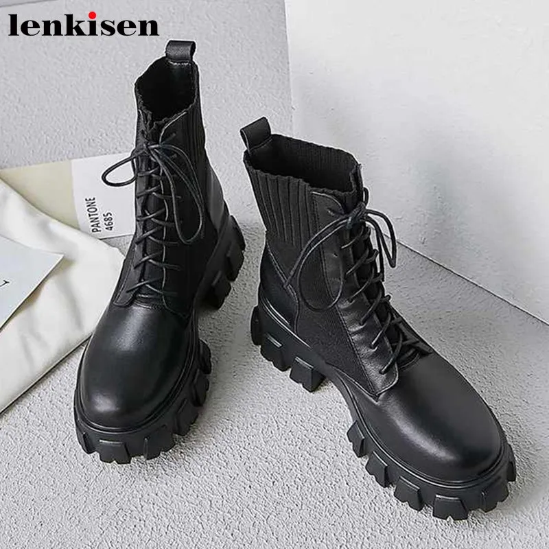 Вязаные ботинки Lenkisen из коровьей кожи с круглым носком на высоком каблуке Зимние