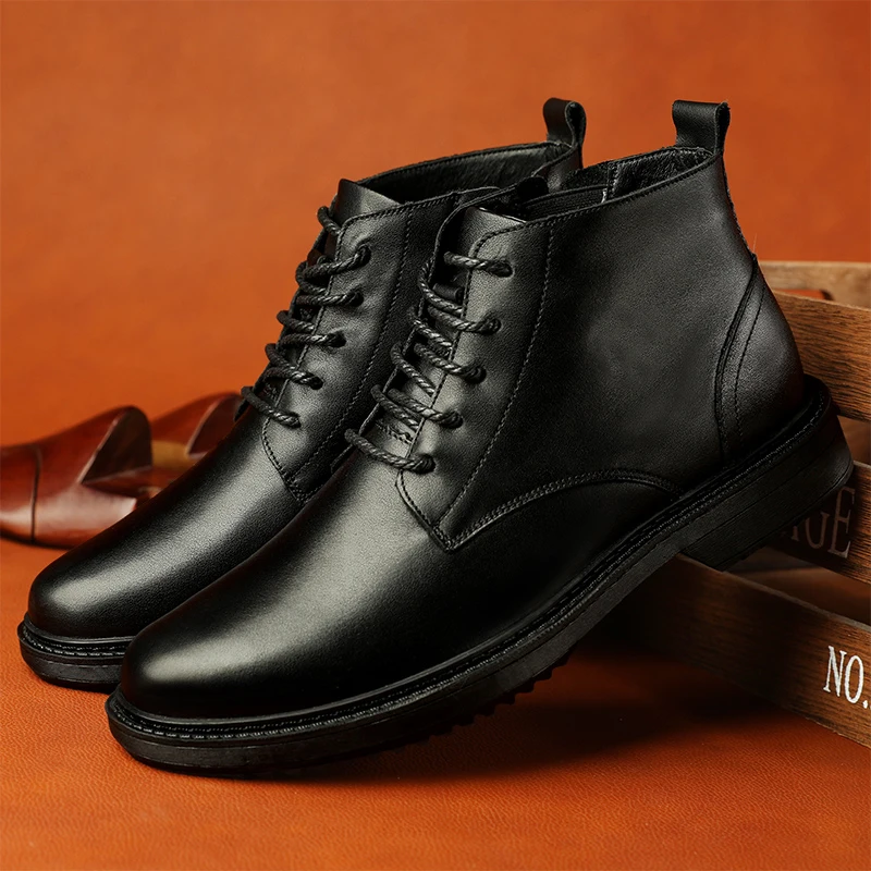 

High Quality Boots Men Winter Genuine Leather Military Boots Male Black Lace Up Mens Shoes Comfortable Casual Warm Luxury Shoes