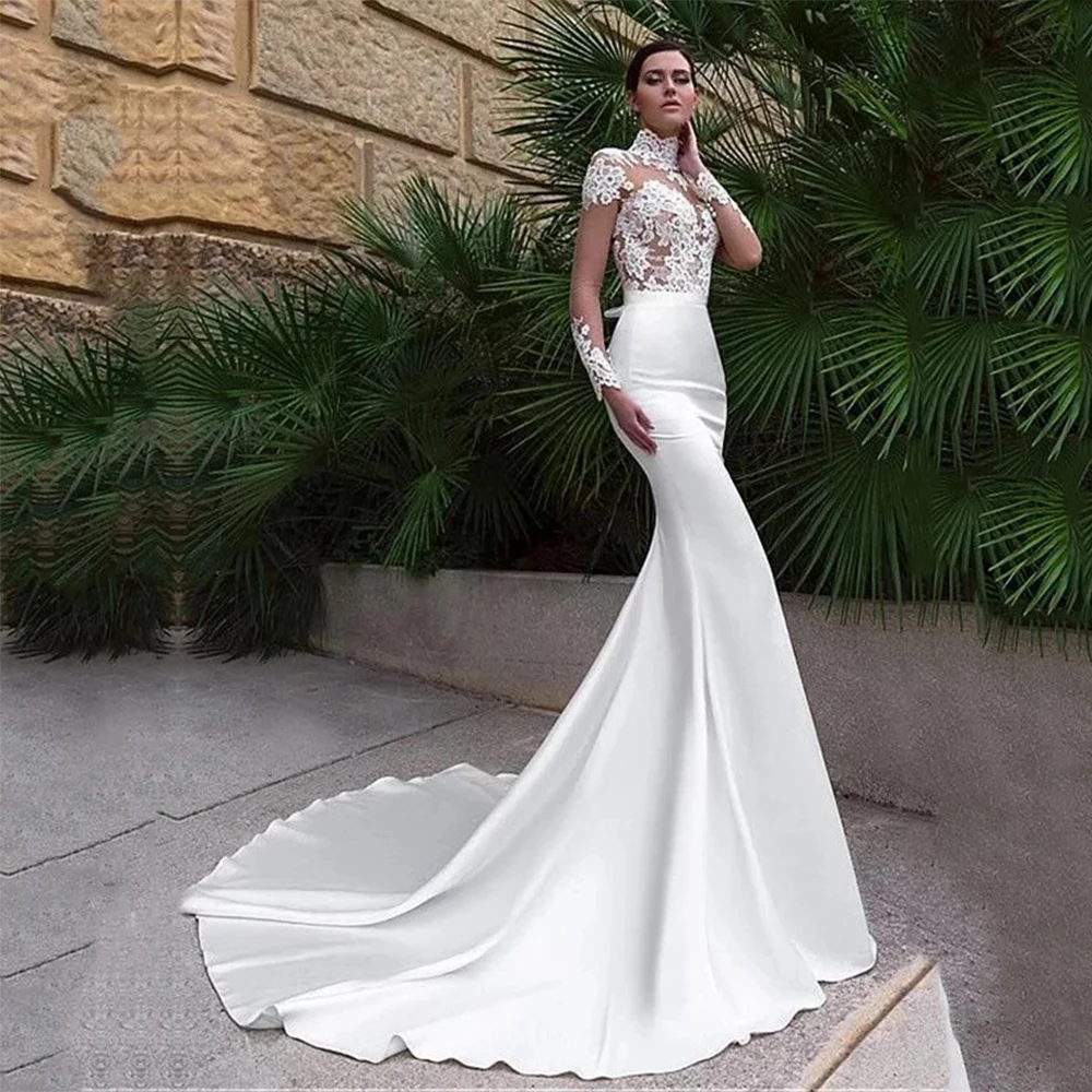 

High Neck Mermaid Weddding Dresses 2021 Elegant Lace Appliques Long Sleeve Button Satin Sweep Train Bridal Gowns Custom Made